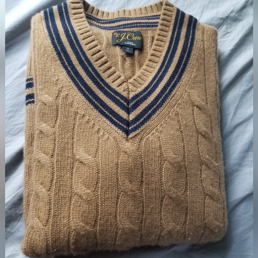 J. Crew Amber & Navy Cashmere V-Neck Cable Knit Tennis/Cricket Sweater